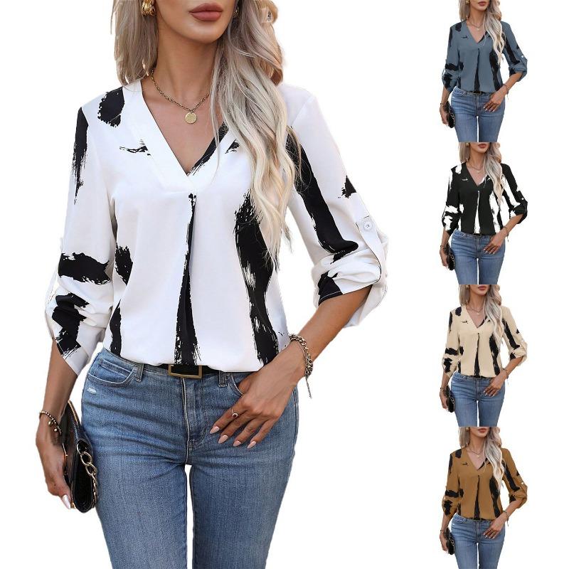 Women Black White Abstract Print V Neck Roll Tab Long Sleeve Casual Blouse