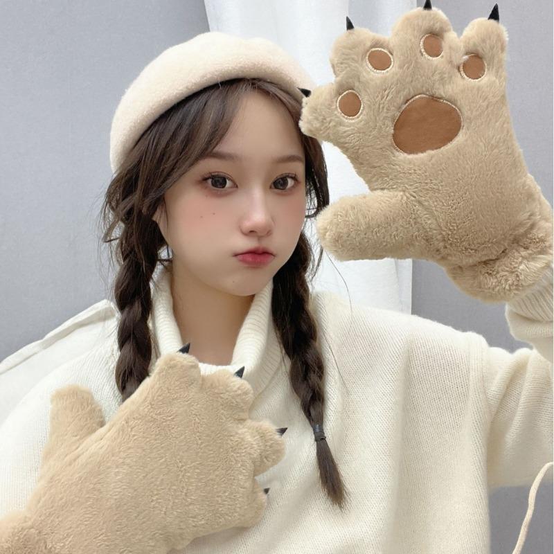 Cute Cartoon Bear Claw Plush Gloves Women's Winter Warm Plush Thickened Outdoor Riding Full Finger Cat Claw Gloves