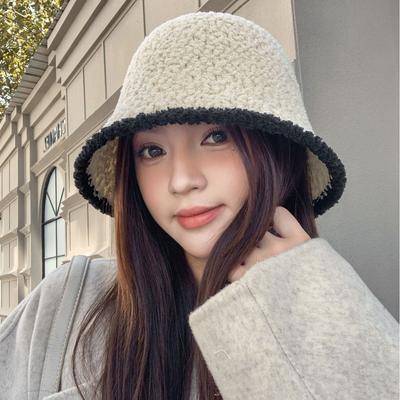 New Japanese Solid Color Sweet and Warm Women's Bucket Hat Korean Version of Autumn and Winter Fashion Versatile Lamb Velvet Knitted Pot Hat