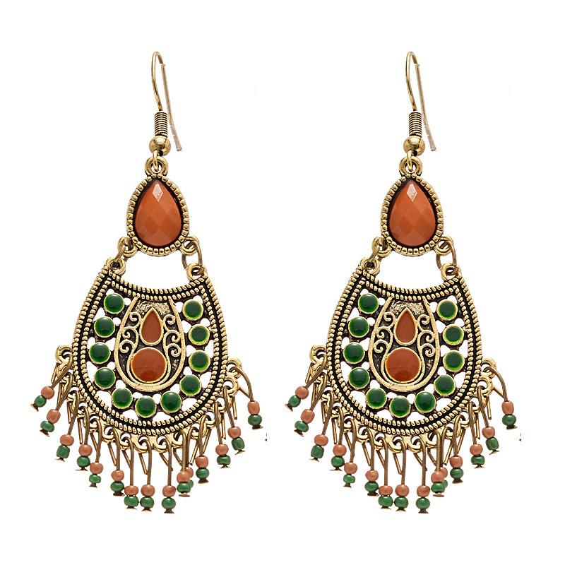 Oleoresin Water Drop Rice Beads Tassel Ear Hook Earrings Ethnic Style