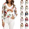 Women's Long Sleeve V-Neck Plush Collar Christmas Top with Snowflake and Tree Print