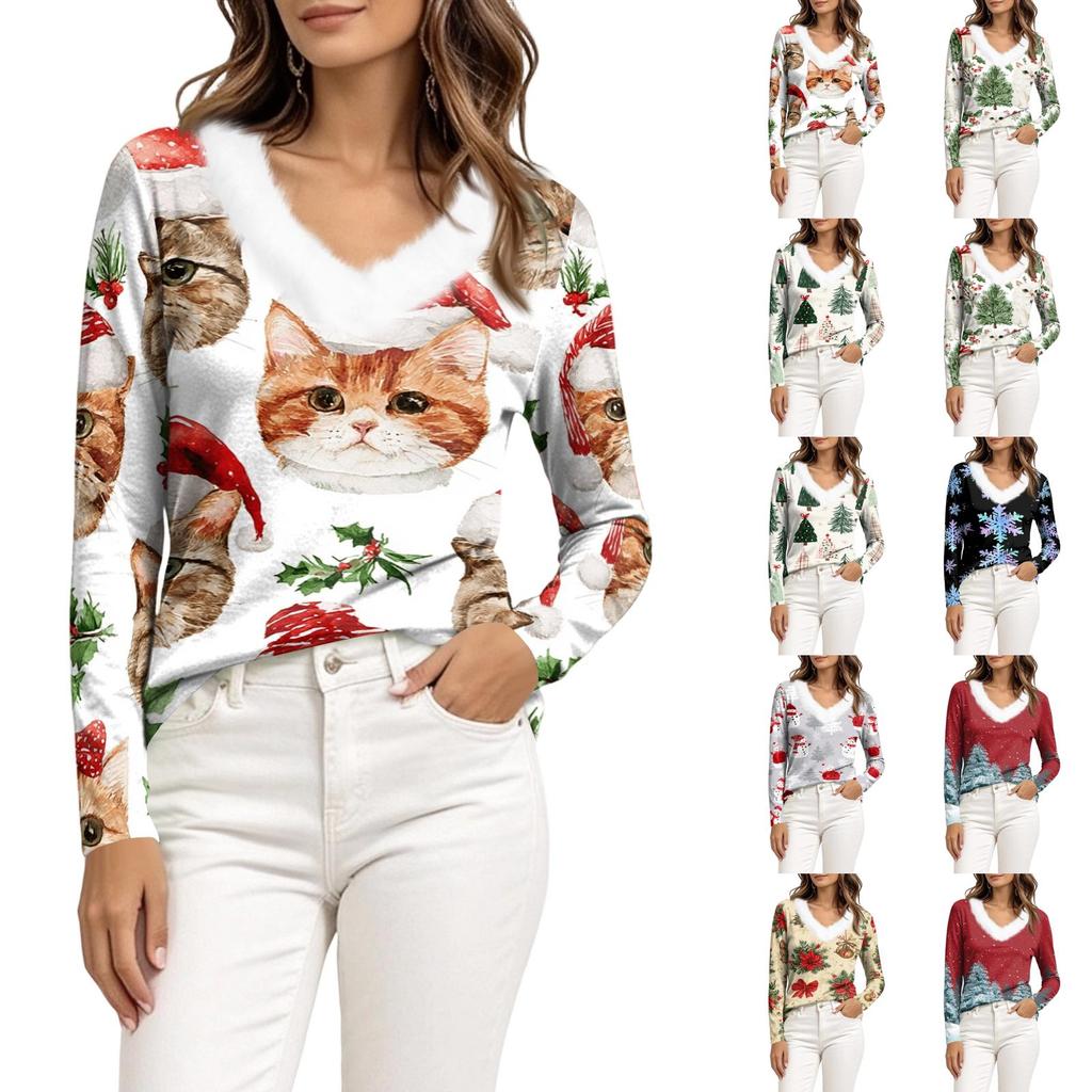Women's Long Sleeve V-Neck Plush Collar Christmas Top with Snowflake and Tree Print