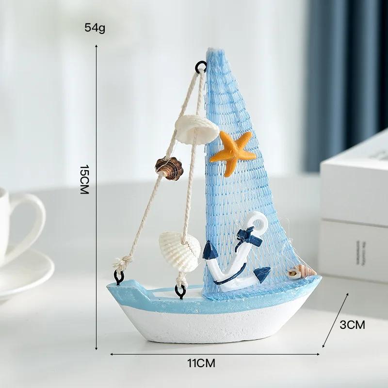 1pc Mini Mediterranean Nautical Wooden Blue Sailing Boat Wood Craft Ornament for Home & Party Decoration