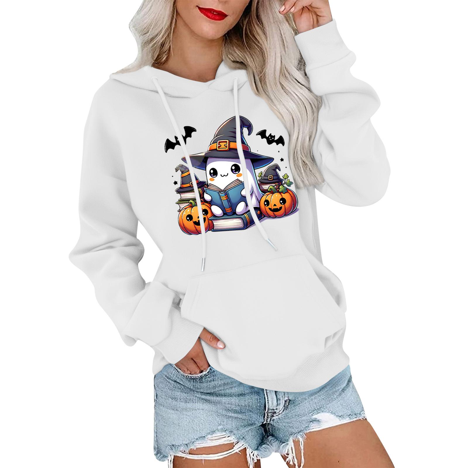 

Женский модный, повседневный, удобный свитер с круглым вырезом, капюшоном, длинными рукавами и принтом на Хэллоуин XXL белый