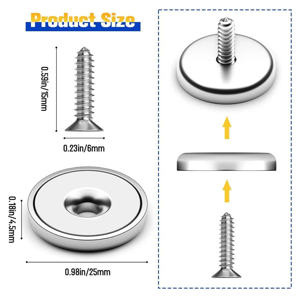 Pachet 4/8/12 Magneți cu Cupă, 60LBS Magneți Industriali cu Disc cu Bază Rotundă cu Orificiu Contascut și Șuruburi din Oțel Inoxidabil
