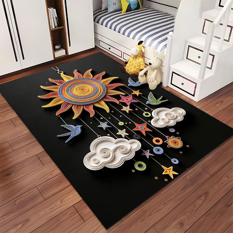 Colorful Sun and Cloud Pattern Modern Carpet with Star Accents Suitable for Use As an Anti-slip for Living Room Bedroom Sofas
