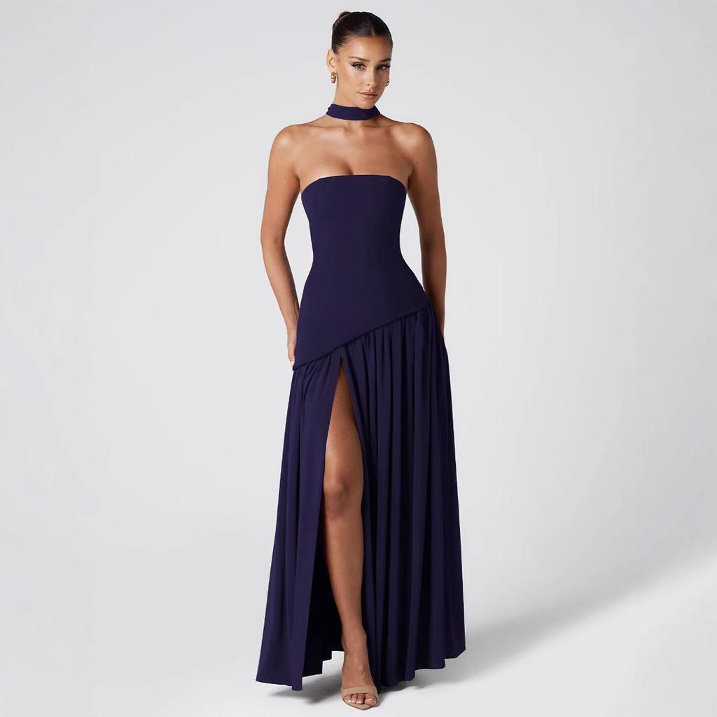 New European And American Sexy Diagonal Splicing Tube Top Dress Dress Women'S Long Skirt Pleated Tube Top