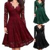 Retro Women Lace Floral V Neck Long Sleeve Tight Waist A-line Party Midi Dress