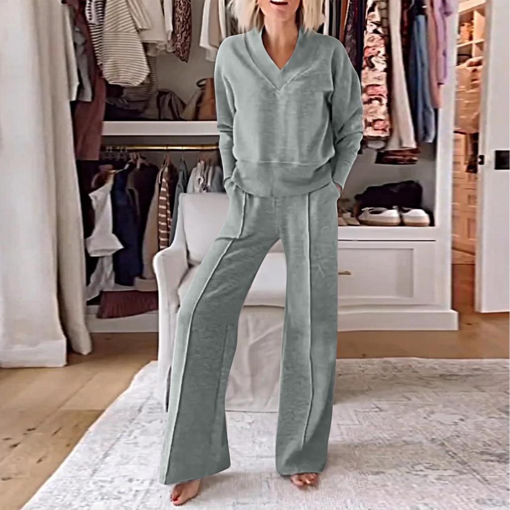 Women's Casual V-Neck Long Sleeve Loose Top Wide Leg Pants Two-Piece Set