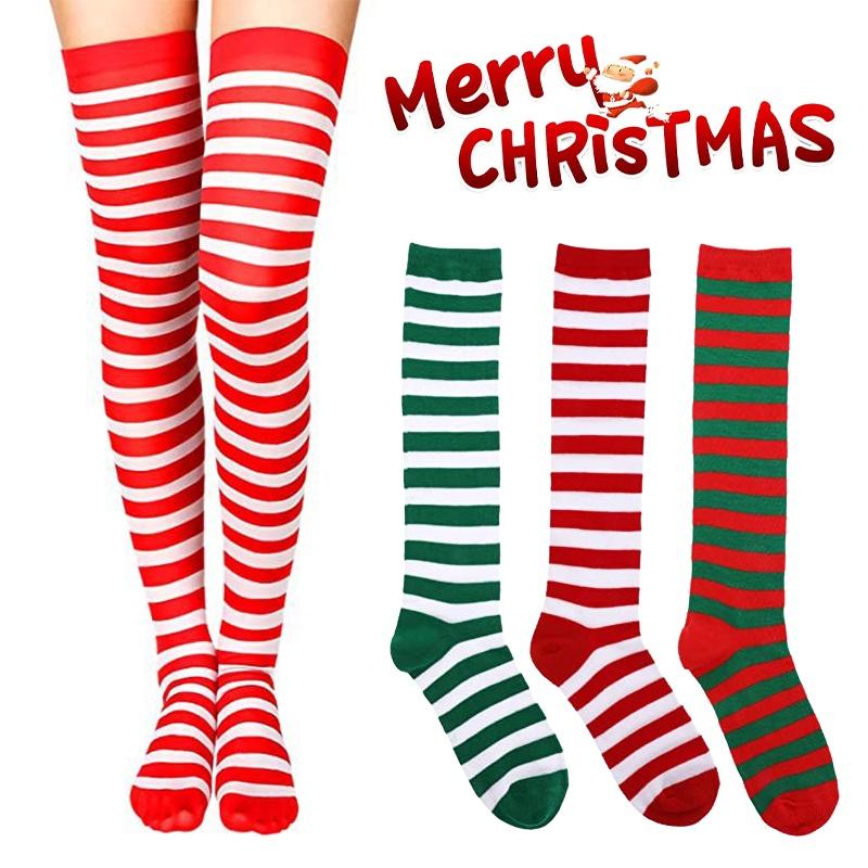 Christmas Elf Long Striped Thigh Stocking For Kids Adults