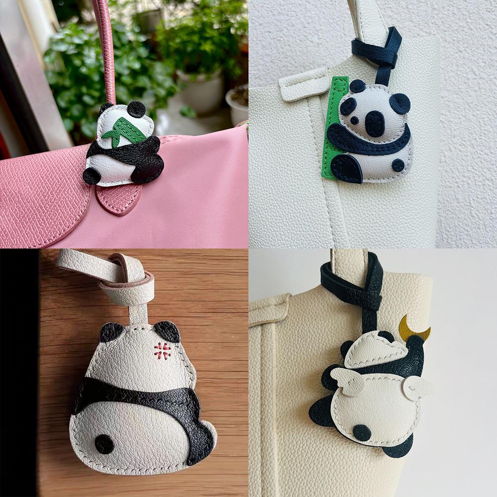 Handmade Sheepskin Leather Bag Charm Panda Leather Bags Pendant Personalized Creative Car Keychain Birthday Bag Accessories