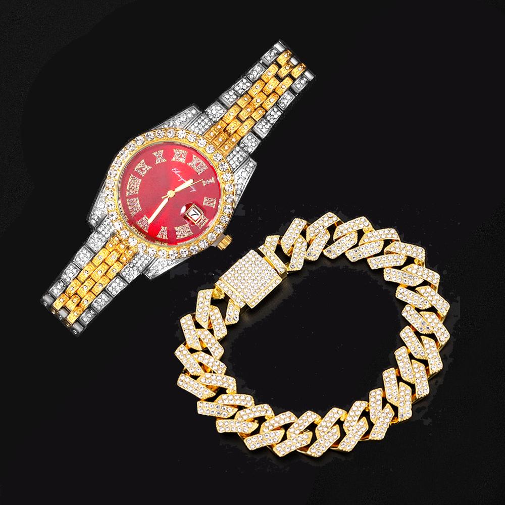 Iced Out red Color Watch Women's Luxury Rhinestone Cuban Chain Bracelet Watches Fashion Wrist Watch Hip Hop Jewelry new Men Gift