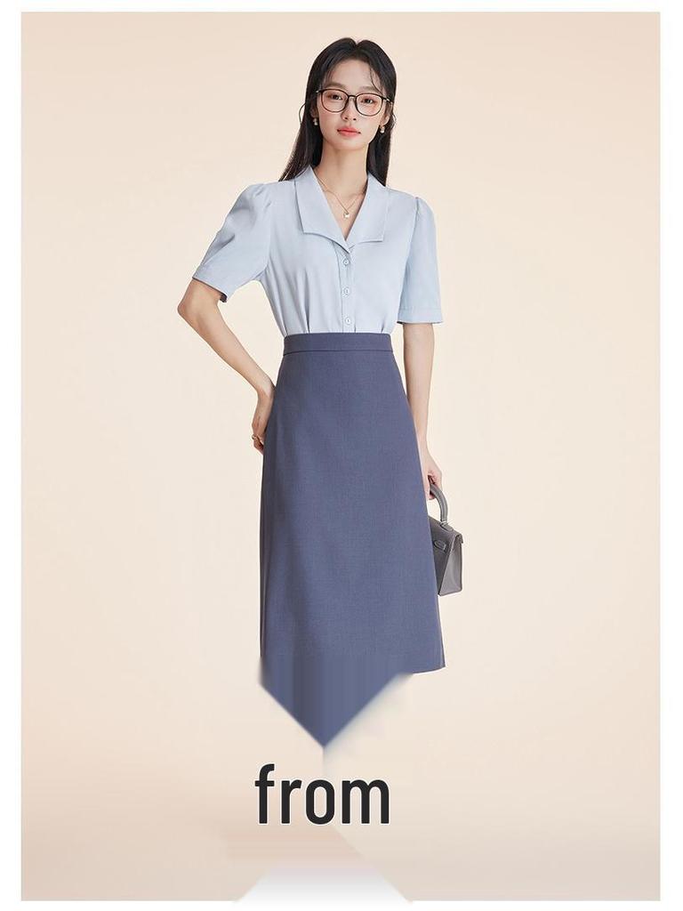 Elegant Blue Summer Short Sleeve Women's Professional Shirt for Commuting or Interviews