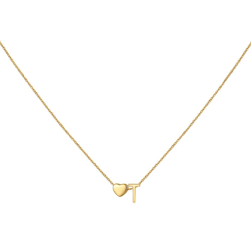 14K Gold Plated Stainless Steel A-Z Heart Initial Necklace Gold Silver Personalized Clavicle Gift for Women Unisex