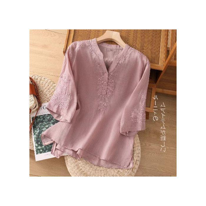 

Летняя женская блузка с V-образным вырезом из хлопка и льна с вышивкой, свободного кроя, с коротким рукавом, большого размера 3XL светло-фиолетовый