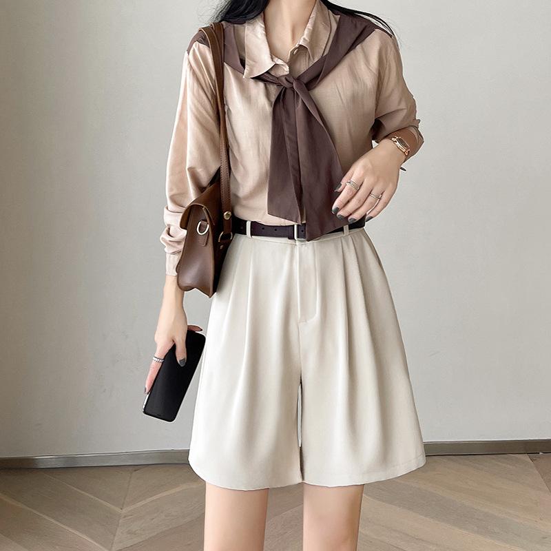 Women Summer Solid Color High-Waisted Wide-Leg Casual Suit Shorts Pants