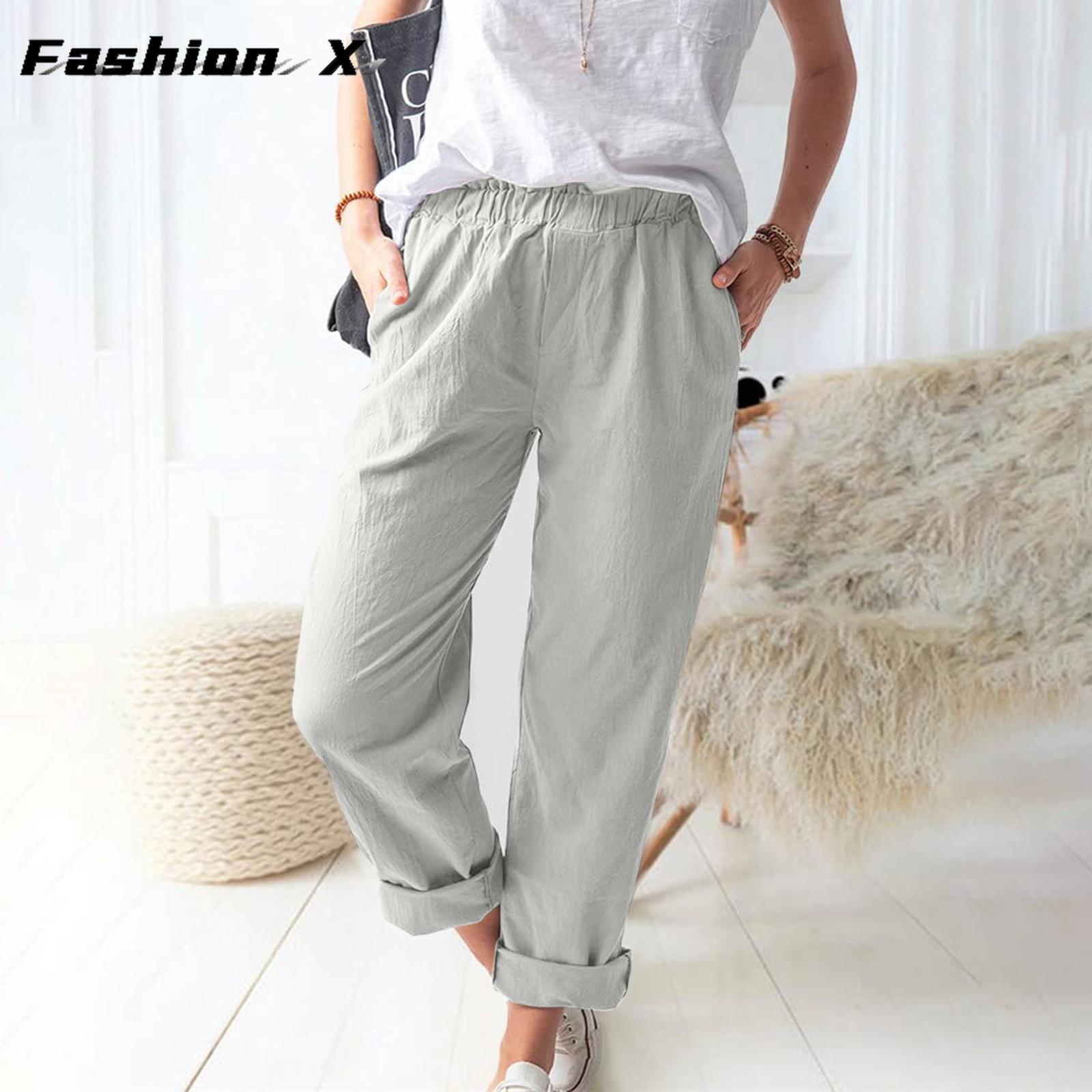 

Женские брюки, свободные широкие брюки, повседневные эластичные хлопковые льняные брюки L серый