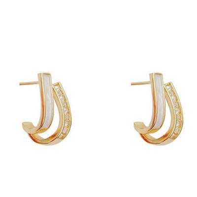 Double Line Shell Pearl Earrings – Gold Tone, From Korea