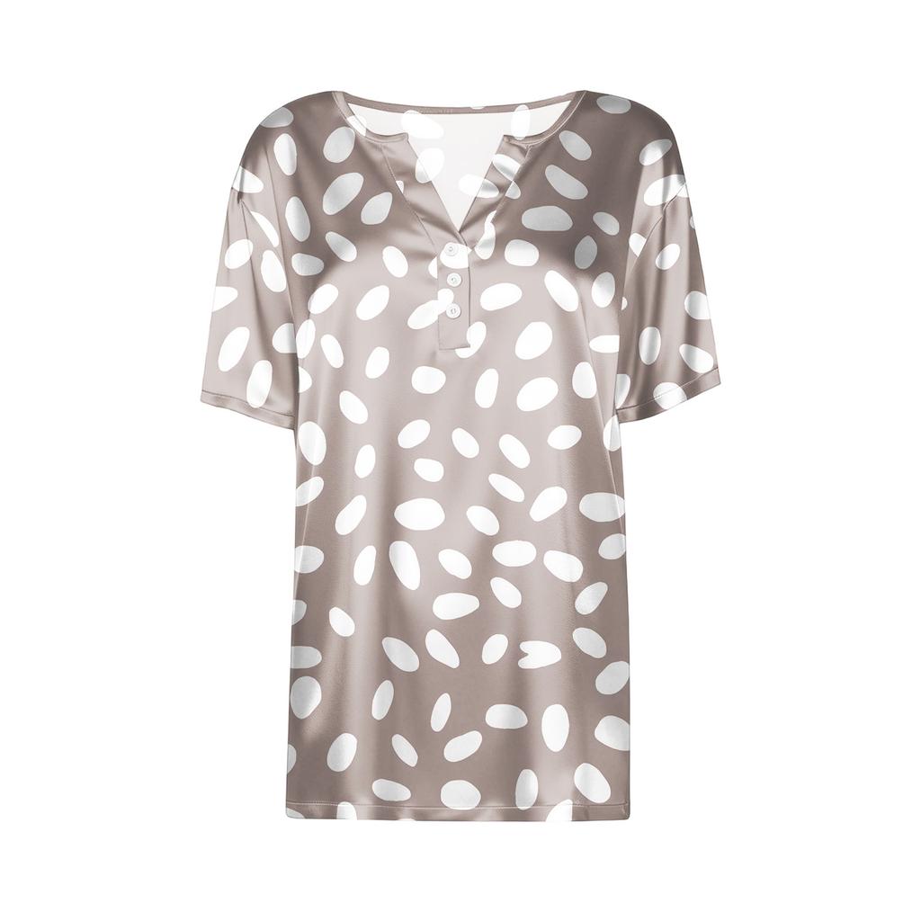 Women's Fashion Casual Retro Print  Collar Short Sleeve Button T-Shirt Top