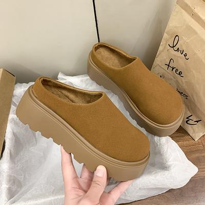 Vintage Platform Heel Women Warm Cotton Mules Slippers Fashion Cover Toe Slip On Shoes Ladies Comfort Outdoor Lazy Slides