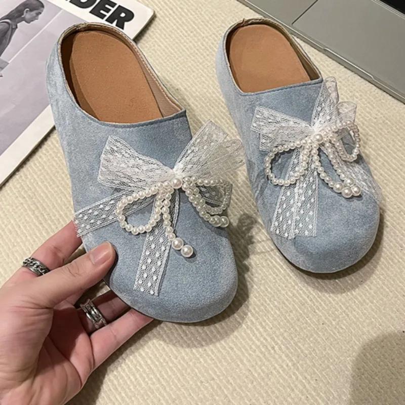 Spring Baotou Slippers for Women Round Head Deep Mouth Suede Beaded Lace Butterfly Knot Soft Soled Non-slip Flats