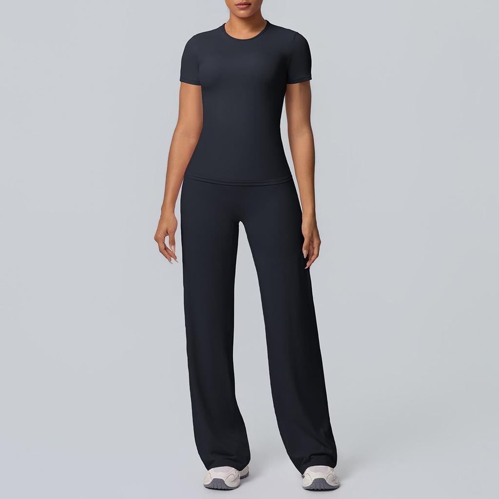 Tvådelad Enfärgad Yoga-dräkt: Dubbelsidig borstad långärmad topp med vida byxor för träning, löpning och fitness