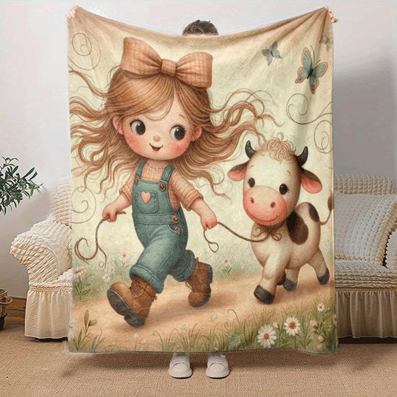 1pc Dairy Cow Printing Lightweight Flannel Blanket, Comfortable and Warm Blanket, for Camping Sofa Bed and Couch Office, In All Seasons