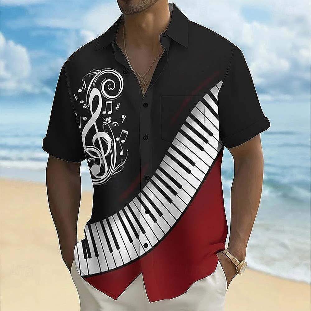 Men s Piano Key Shirt 3D Musical Notes Print Short Sleeve Button Down Summer Music Festival Oversized Tops S
