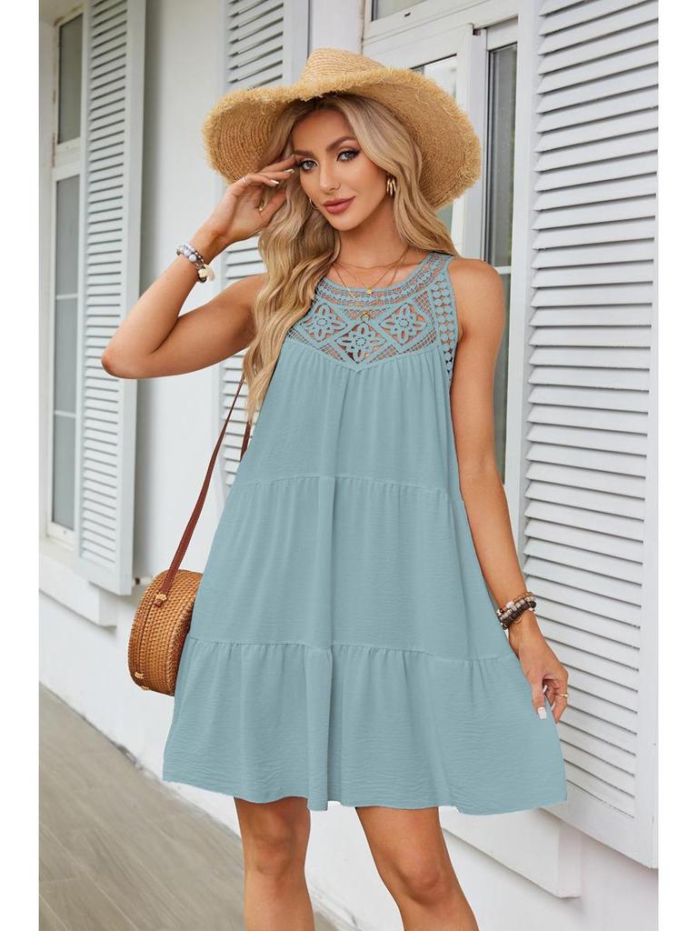 European-American Women's Lace Patchwork Halter A-Line Dress - Spring/Summer 2025 Collection