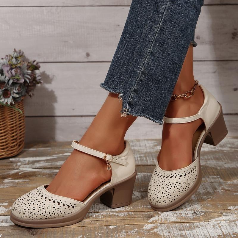Fashion New Ankle Strap High Heels Sandals for Women Summer Hollow Out Breathable Pumps Woman Comfortable Chunky Heeled Mary Jane Shoes