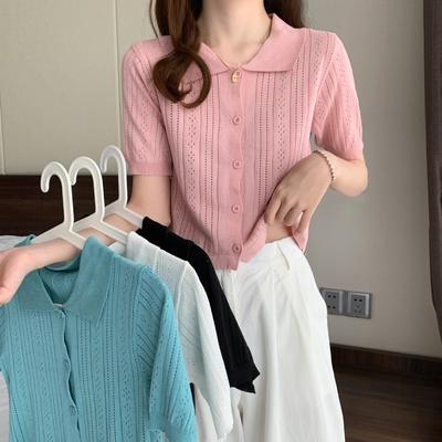 Knit Sweater Short Sleeve Tops Summer Thin Design Pink Hollow High Waist Short Paragraph Casual Essential Comfort and Style Slim Fit Pullovers Tees