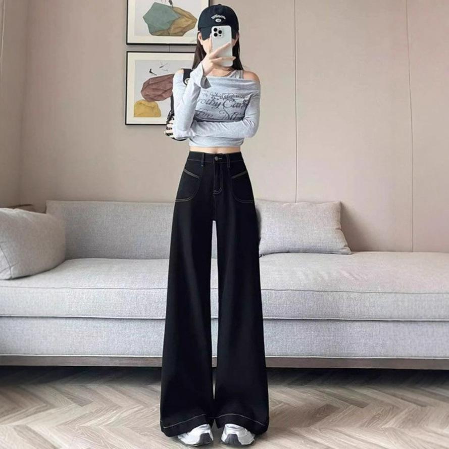 

Black High Waisted Bigger Flared Trousers Women s Wide Leg Autumn Pear Shape Skinny Shade Crotch Cowboy Dragged Trousers Long Trousers Denim Pants 4XL