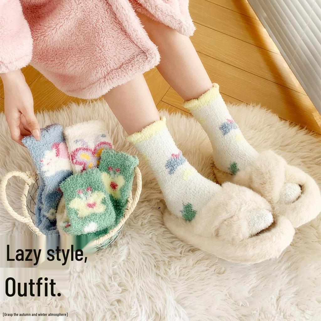 Women's Plus Velvet Thickened Coral Fleece Mid-Calf Home and Sleep Socks - Cute and Plush Cartoon Design for Autumn and Winter