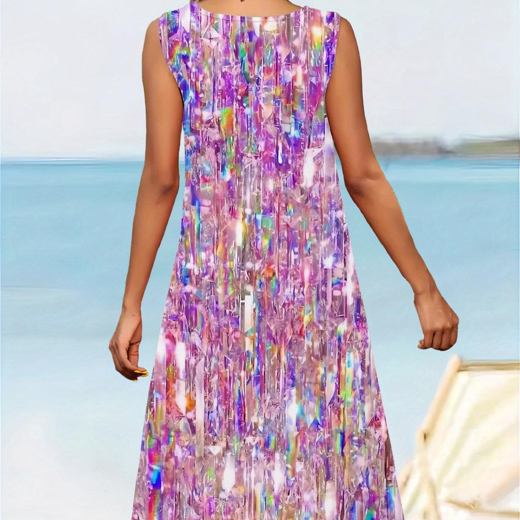 Symphony Shattered Flash Printing Sleeveless Crew Neck Long Dress Loose Beach Vest Long Dress