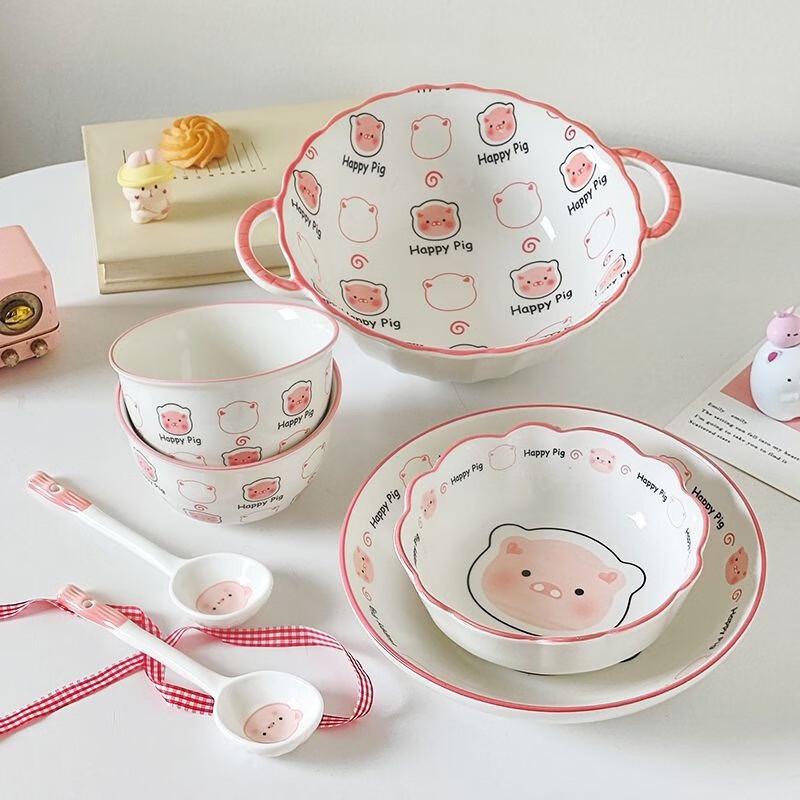 Fumai De Cute Pig 7-Piece Ceramic Rice Bowl Set