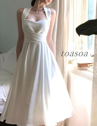Toa Soa Women's White Knee-Length Flared Dress with Back Ribbon (L)
