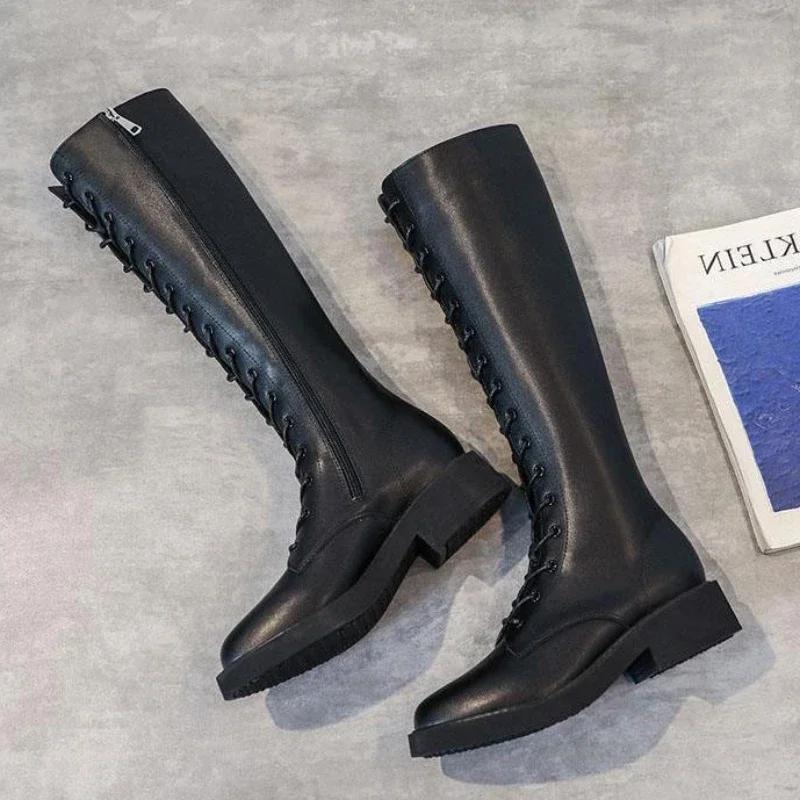 Fashion Lace-up Winter 2024 With Laces Women's Long Boots Black Ladies Knee High Shaft Shoes Designer Luxury Spring Autumn Demi-season