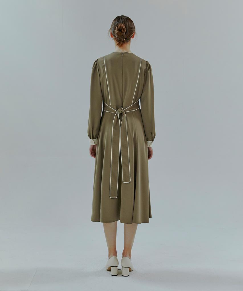 Etmont Combination Color Piping Dress Khaki Brown