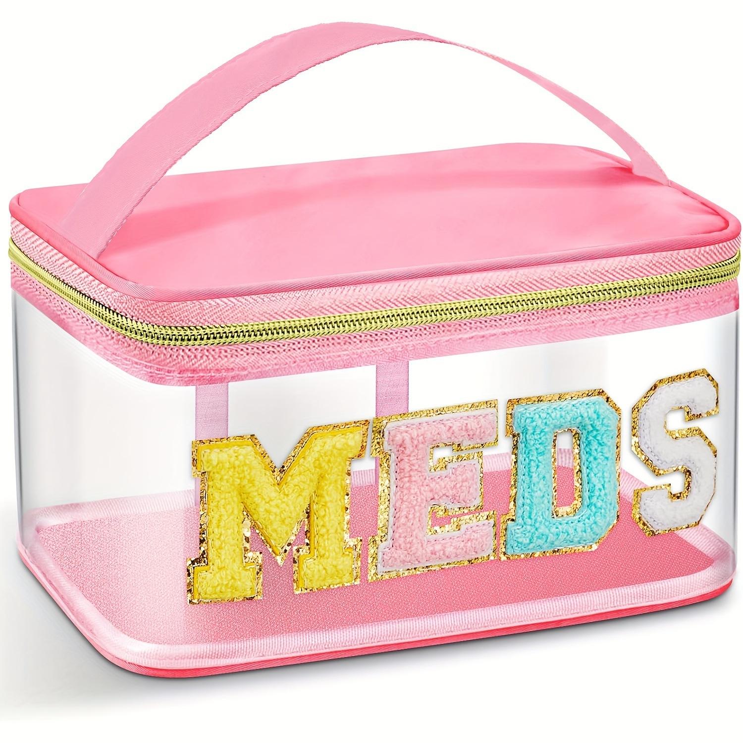 

Fashion PVC Chenille Letter MEDS Makeup Bag - Portable Travel Toiletry Organizer with Large Capacity and Zipper Closure рожевий