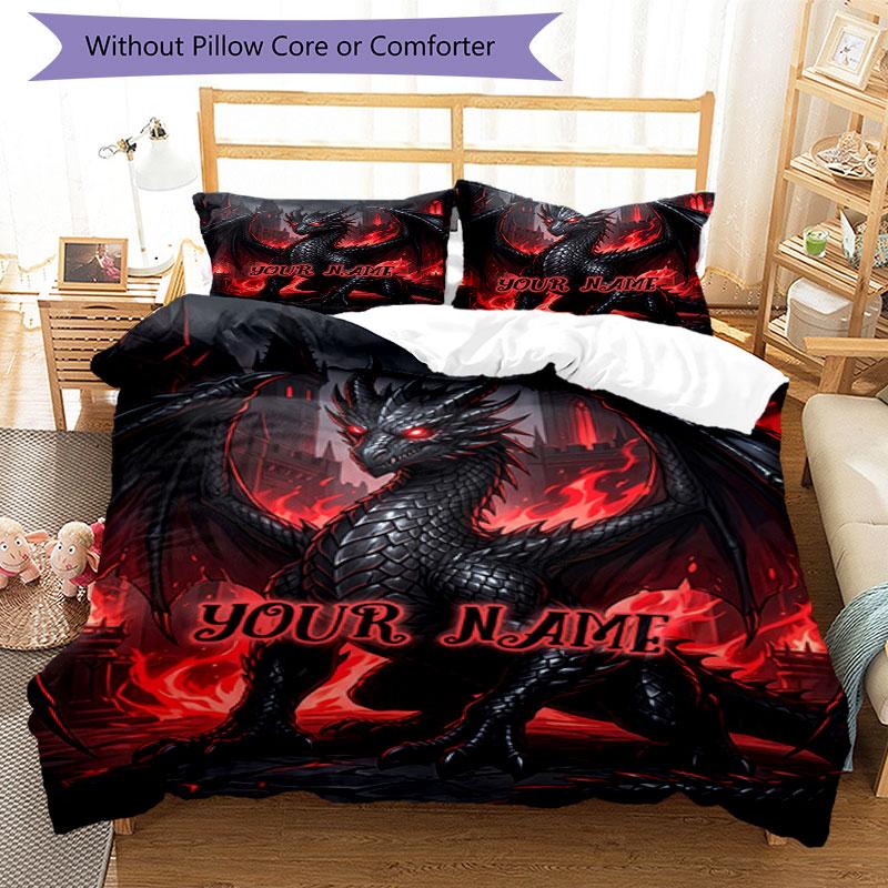 3PC Custom Name Dark Dragon Fantasy Art Bedding Set Duvet Cover Closure Includes 1 Duvet Cover & 2 Pillowcases for Bedroom