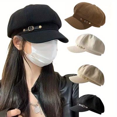 1pc Women's Octagonal Beret Hat with Adjustable Strap & Metallic Buckle Wide Brim Spring/Summer Fashion Accessory for Outdoor Casual Hat