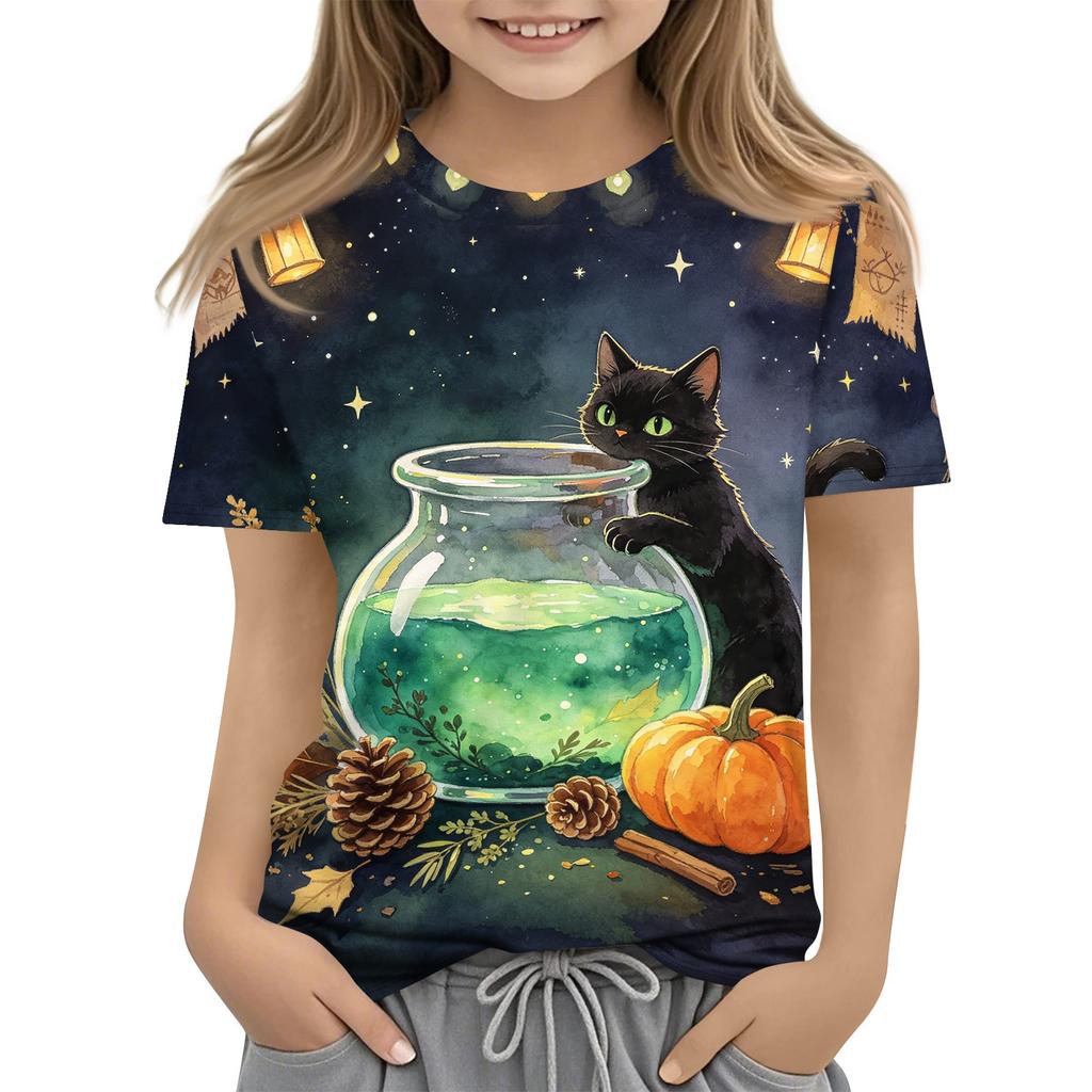 Kids Halloween Print Short Sleeve T Shirt Round Neck Casual Top Boys Girls Comfortable Fit Lightweight Fabric Soft Material