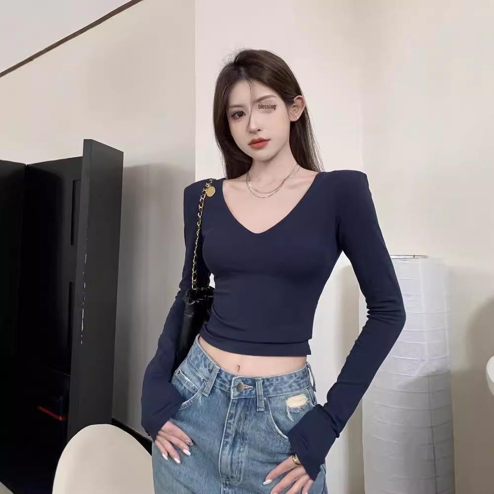 Black Spicy Girl V-neck Long Sleeve Shoulder Pad Top - Slim Fit Summer Innerwear