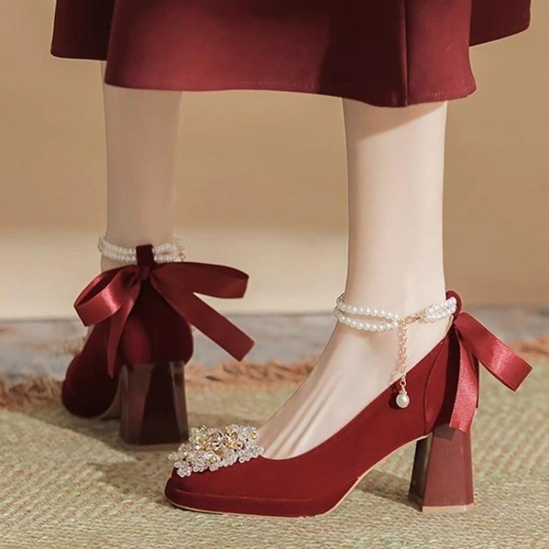 Fashion Women Fad High Heels Pearl Bow Strap Premium Suede High Heels Square Head Thick Heel Wedding Shoes High Quality Bridesmaid Shoes