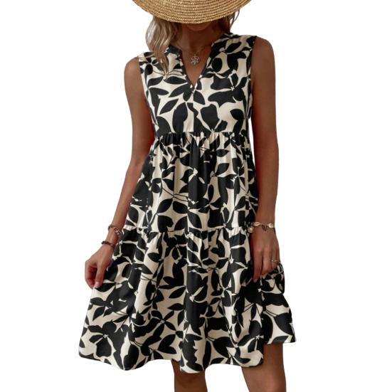 

Женское платье с v-образным вырезом и высокой талией без рукавов, мини-платье в стиле бохо с принтом листьев и оборками S чёрный