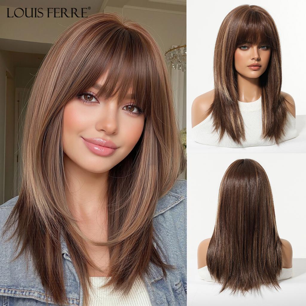 LOUIS FERRE Brown Base Blonde Highlights Medium Straight Layered Wig With Bangs Synthetic Hair Heat Resistant Women Daily Party