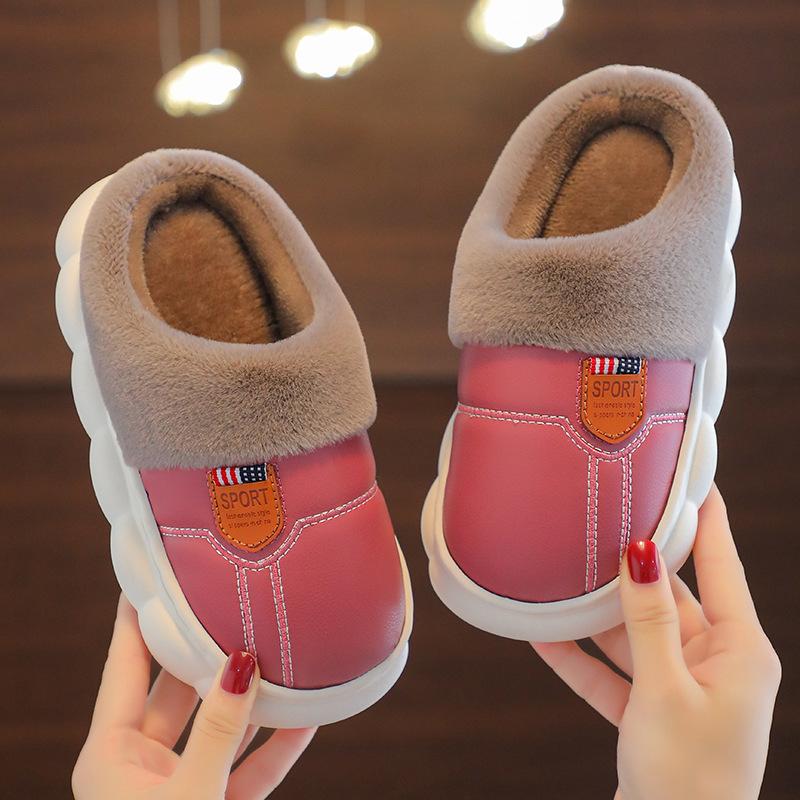 Children's cotton slippers PU leather waterproof soft bottom non-slip piled thickened parent-child adult couple home winter warm