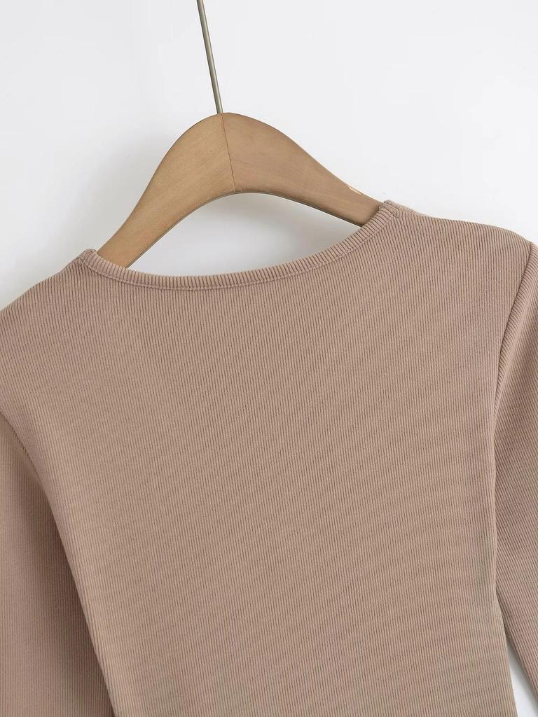 Damen scharfes V-Ausschnitt gefaltetes langärmeliges figurbetontes schickes T-Shirt