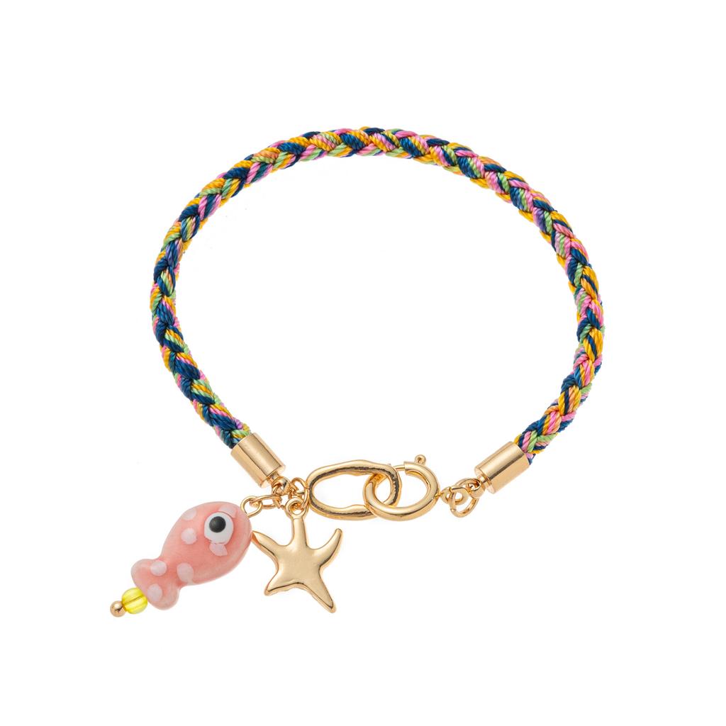 18K gold-plated stainless steel fish and starfish charm colorful woven rope bracelet, summer beach bohemian women's jewelry
