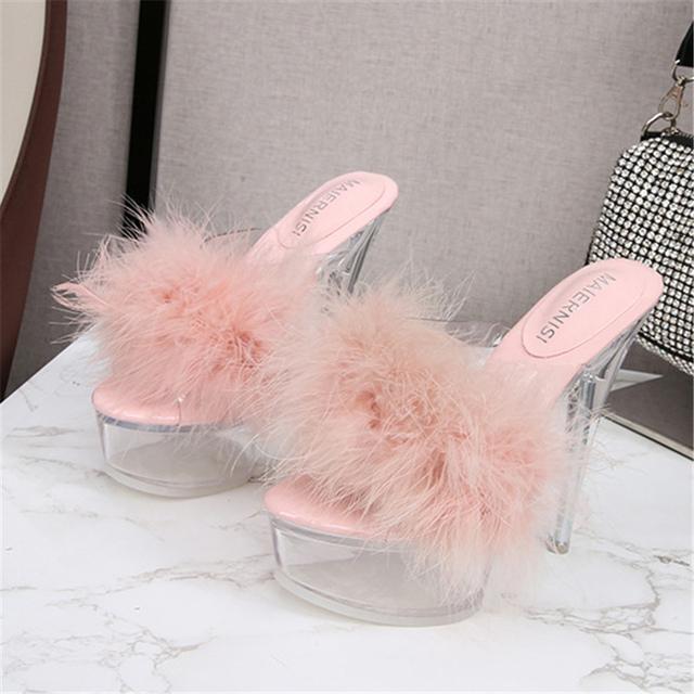 Women Summer 14cm High Heels 4cm Platform Slides Crystal Mules Lady Transparent Fur Slippers Extreme Clear Heels Sexy Shoes